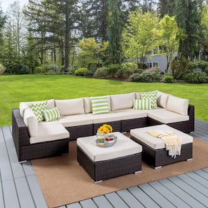 Nolan Multibrown 9-Piece Wicker Outdoor Sectional Set with Beige Cushions