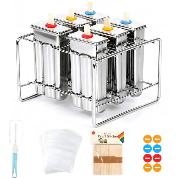Stainless Steel Popsicle Molds with 14 Silicone Seals, 50 Sticks, 20 Bags, Cleaning Brush, Stand, 6-Piece Set