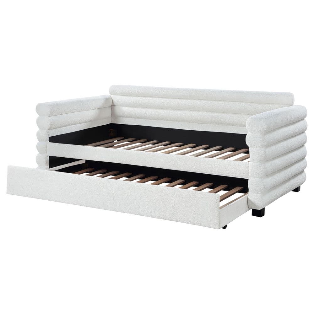 Patricia White Boucle Upholstered Twin Daybed with Pine Frame and Trundle