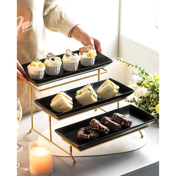 Angel Sar 3-Tier Serving Tray Set with Collapsible Sturdier Stand and 14 in. Large Platters for Party Food Display, Black