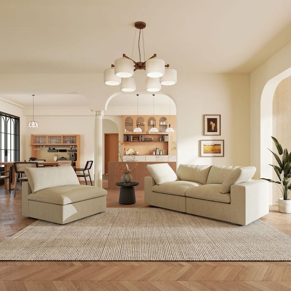 3-Piece Cloud Couch Set Down Filled Khaki Linen Sofa and Loveseat Living Room Set with Detachable Covers for Apartment