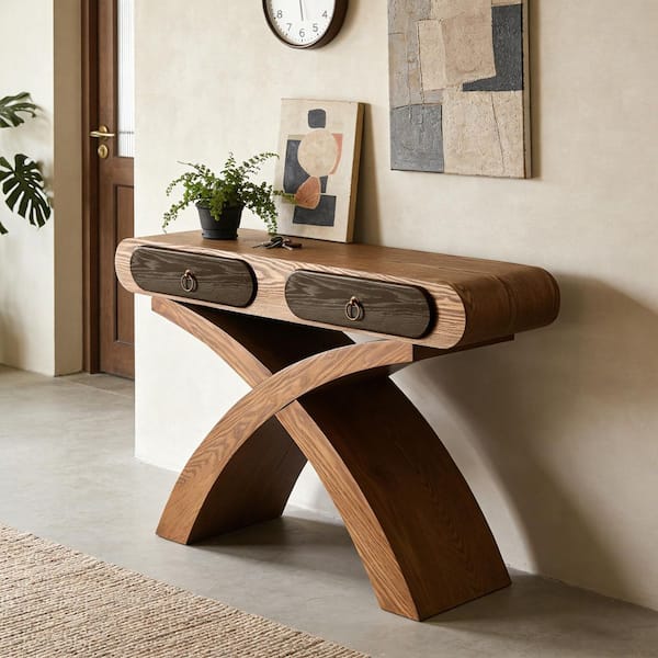47.2 in. Beige Brown Rectangle Wood Top Console Table with Cross Leg