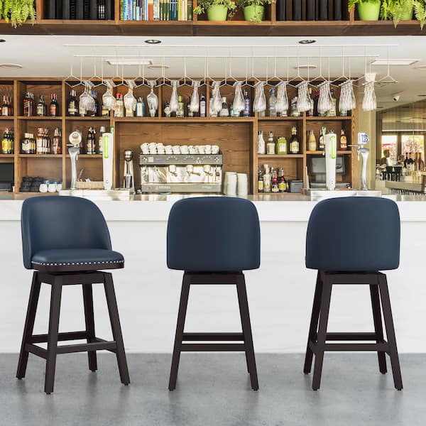 OrangeOne 26 in. Navy Blue Wood Frame Swivel Cushioned Bar Stool with Faux Leather, Swivel Counter Stool (Set of 3)
