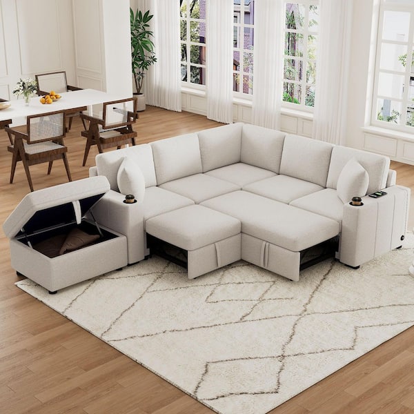 84.7 in. Convertible Chenille Modular Pull-out Sectional Sofa Bed in Beige with Ottoman, Cup Holders, USB Ports