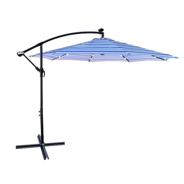 maocao hoom 10 ft. Outdoor Patio Solar Powered LED Lighted Market Umbrella with Crank and Cross Base in Blue and White Stripes