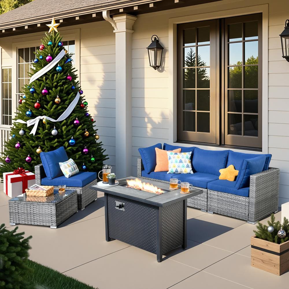 Helene Gray 6-Piece Wicker Outdoor Fire Pit Furniture Set Patio Conversation Sofa Set with Navy Blue Cushions price history on PriceWatchPro