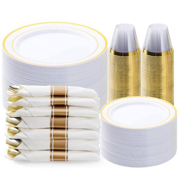 350 Piece Gold Plastic Dinnerware Set with Plates, Cups, Silverware, and Napkins for 50 Guests