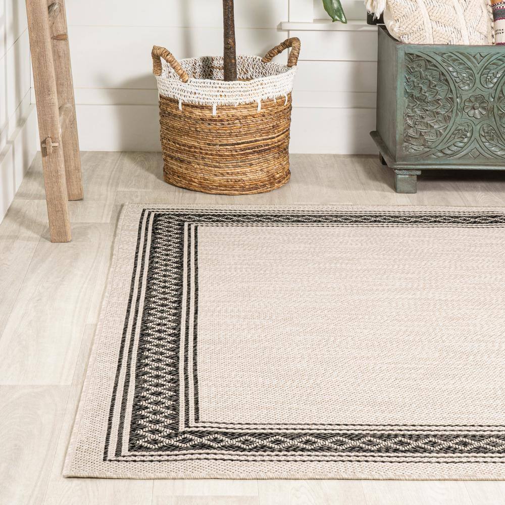 Lucia Modern Diamond Border Cream/Black 8' x 10' Indoor/Outdoor Rug