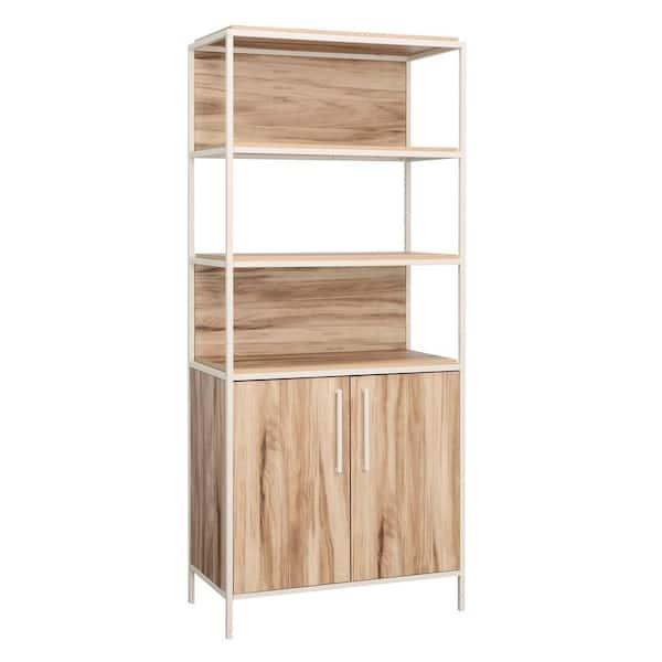 SAUDER Nova Loft 75.984 in. Tall Kiln Acacia Engineered Wood 5-Shelf Standard Bookcase with Metal Frame and Doors