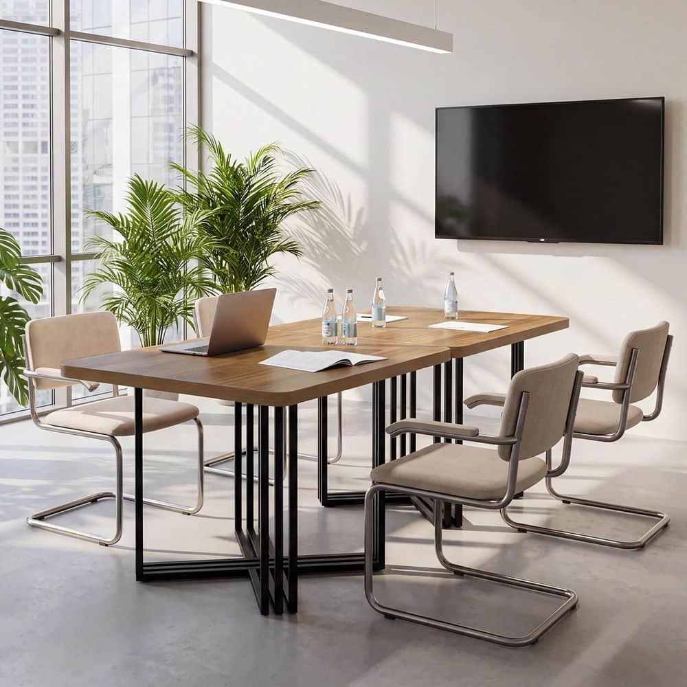Capen 39.37 in. W x 31.3 in. D Rectangle Brown MDF Computer Desk, Small Conference Table Meeting Table With Metal Frame