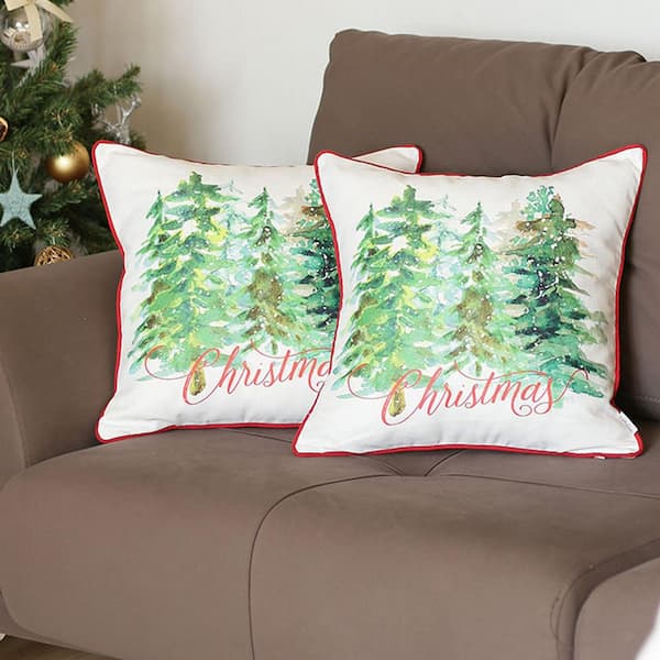 MIKE & Co. NEW YORK Christmas Trees Decorative Throw Pillow Square 18 in. x 18 in. White & Green & Red for Couch, Bedding Set of 2
