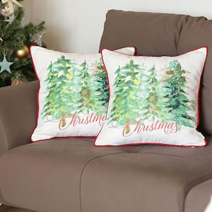 Decorative Christmas Trees Throw Pillow Cover Square 18 in. x 18 in. White and Green and Red for Couch, Bedding Set of 2