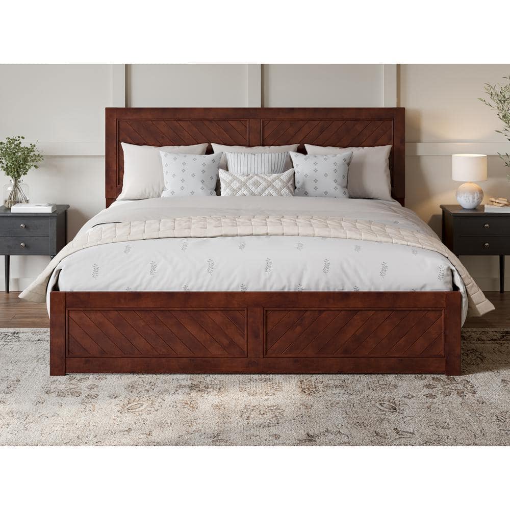 Canyon Walnut King Wood Platform Bed with Chevron Headboard