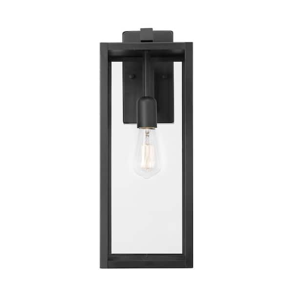 Hampton Bay Hurley 19.25 in. Matte Black Farmhouse Outdoor 1-Light Wall Sconce with Clear Glass Shade