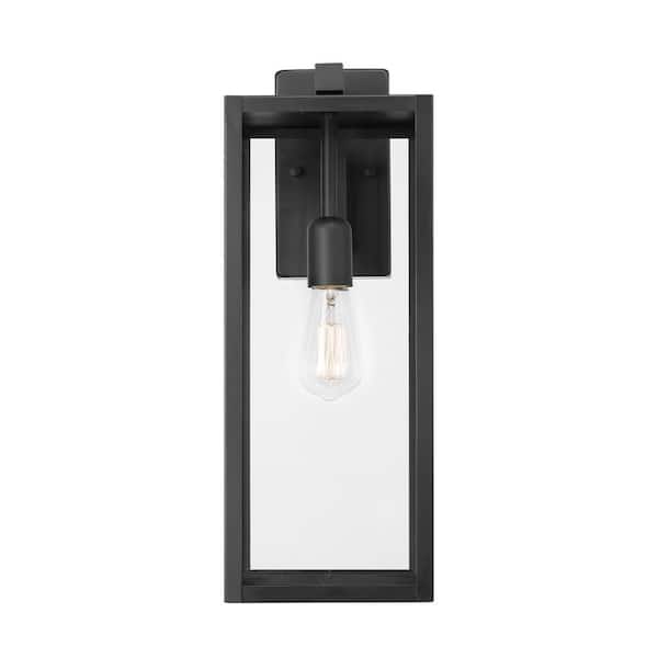 Hampton Bay Hurley 19.25 in. 1-Light Modern Black Hardwired Outdoor Wall Light Lantern Porch Sconce with Clear Glass Shade