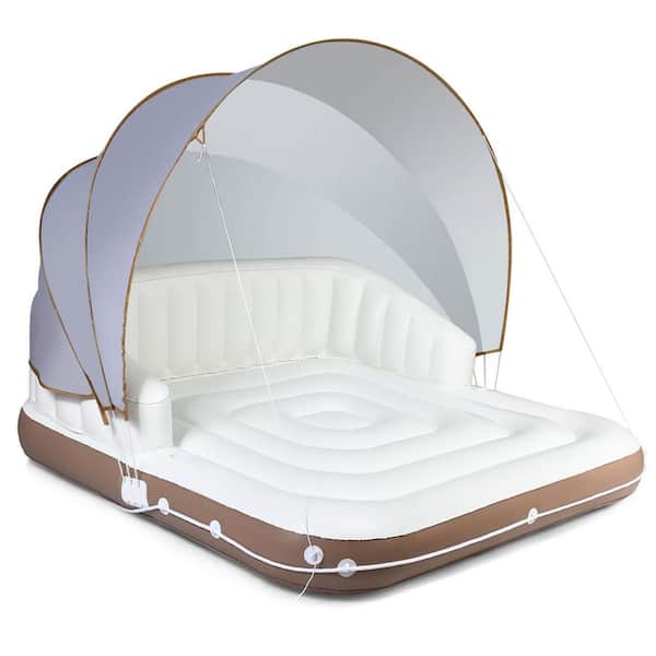 Gymax 63 in. x 71 in. White PVC Floating Canopy Island Inflatable Pool Float Lounge Raft with Retractable Canopy