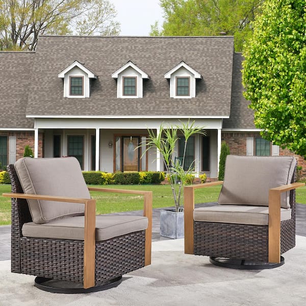 moosprr Brown Swivel Glider Wicker Outdoor Rocking Chair with Gray Cushions and Square Metal Armrest (2-Pack)