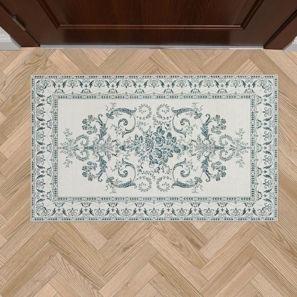 Laura Ashley Josette Medallion Chenille Sea Spray Blue 2 ft. x 4 ft. Polyester Accent Rug