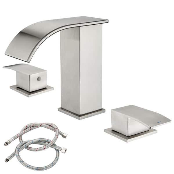 GAGALIFE 8 in. Widespread Double Handle Waterfall Spout Bathroom Vessel Sink Faucet with Supply Lines in Brushed Nickel
