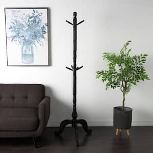 Black Wood 7-Hanger Coat Rack with Scrolled Feet and Leaf Carvings