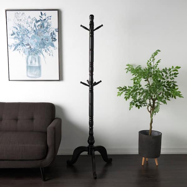 Litton Lane 78 in. Black Wood 7-Hanger Coat Rack with Scrolled Feet and Leaf Carvings