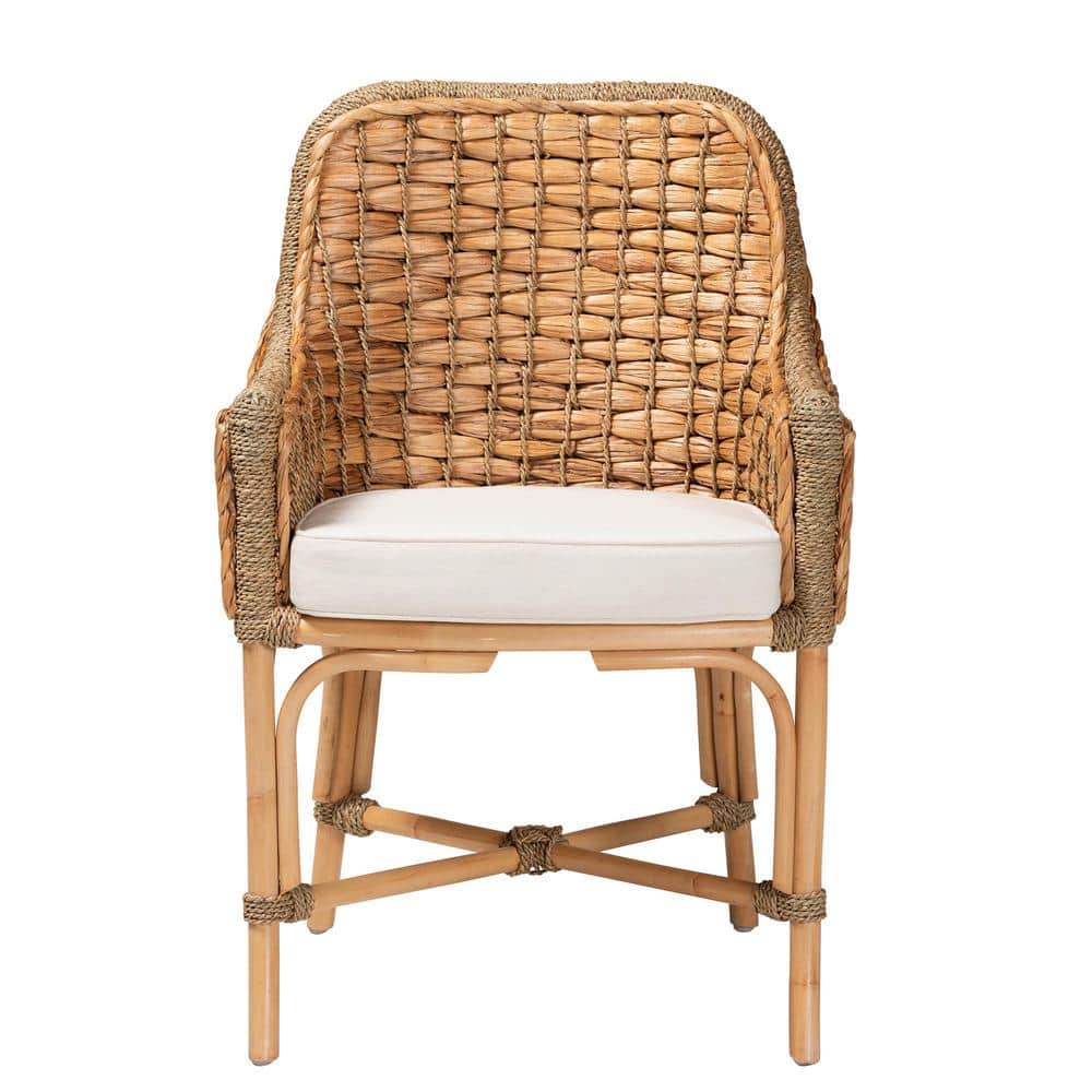 Low White and Brown Rattan Cane Arm Chair