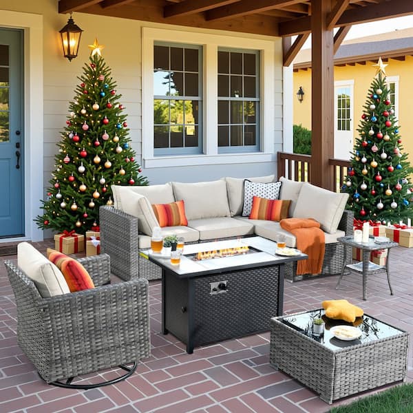 HOOOWOOO Helene Gray 8-Piece Wicker Outdoor Fire Pit Furniture Set Patio Conversation Sofa Sectional Set with Beige Cushions