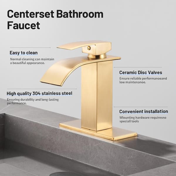 Waterfall Single Hole Single-Handle Low-Arc Bathroom Faucet with Supply Line and Deckplate in Brushed Gold