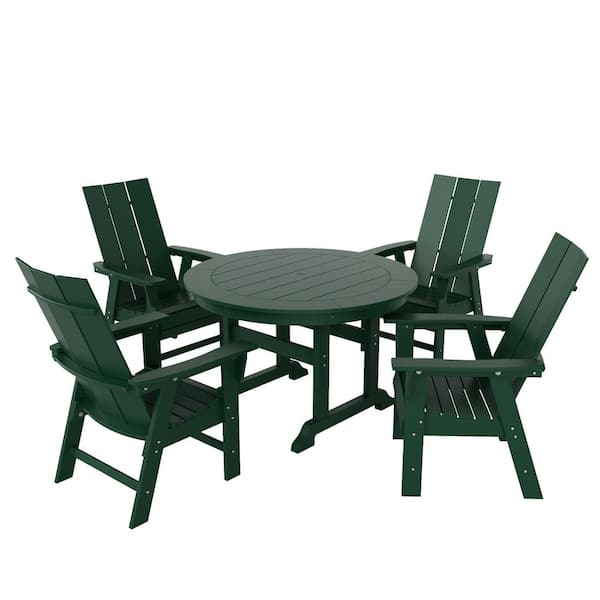 Shoreside Outdoor Patio Weather Resistant Adirondack Dark Green 5-Piece HDPE Plastic Round Table Dining Set