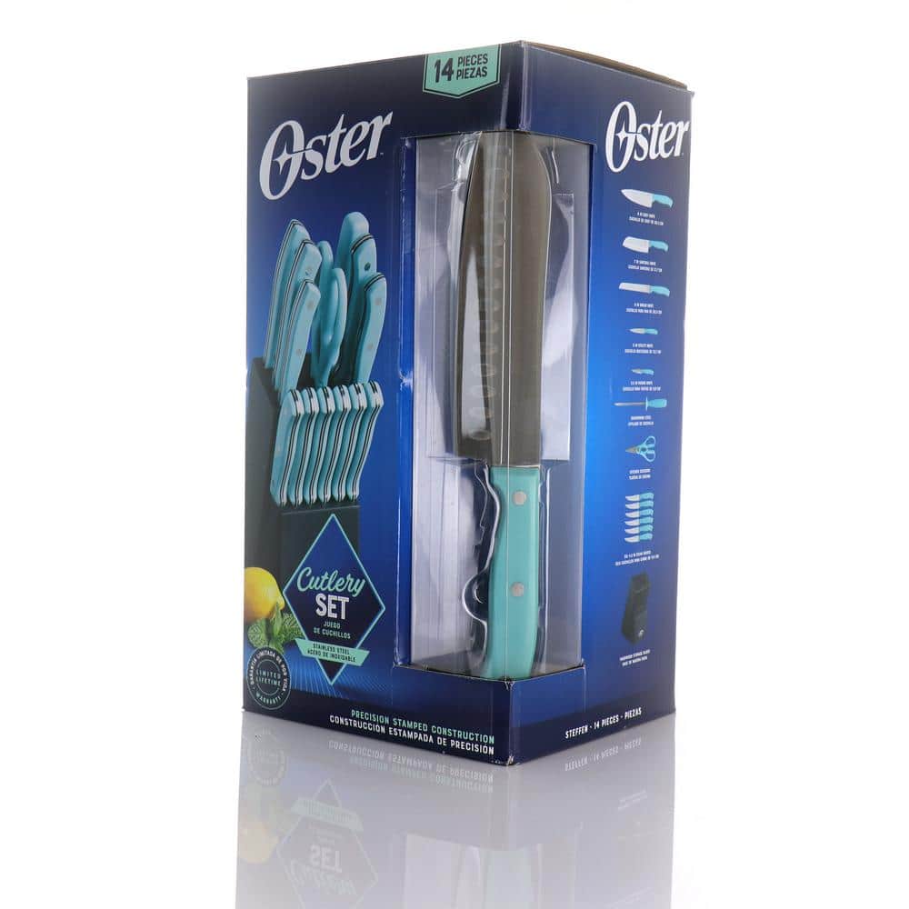 Oster Steffen 14 Piece Blue Stainless Steel Cutlery Set with Block