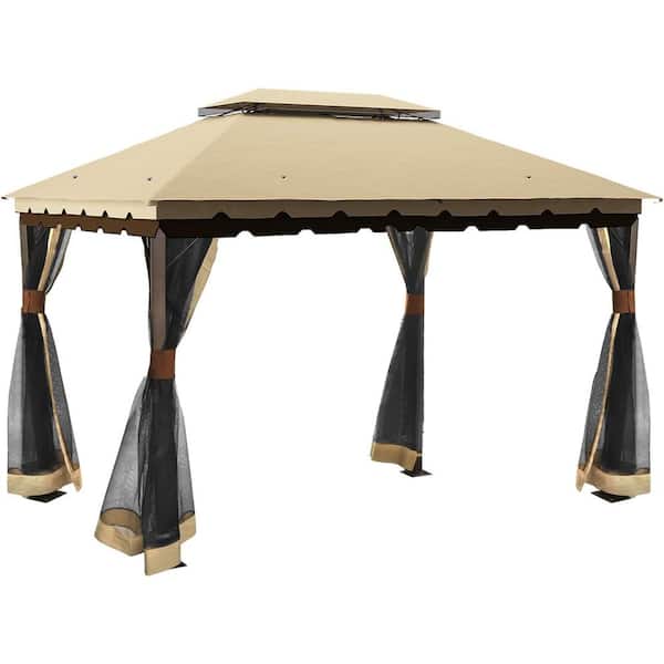 Unbranded 13 ft. x 11 ft. Khaki Steel Outdoor Gazebo Canopy with Mosquito Netting Double Roof, Soft Fabric Top for Garden Backyard