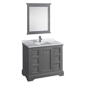 Windsor 40 in. W Traditional Bathroom Vanity in Gray Textured Quartz Stone Vanity Top in White with White Basin, Mirror