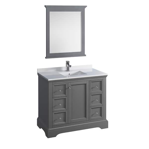 Fresca Windsor 40 in. W Traditional Bathroom Vanity in Gray Textured Quartz Stone Vanity Top in White with White Basin, Mirror