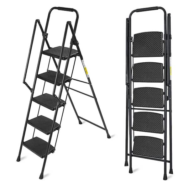 5-Step Steel Folding Step Stool Ladder with Wide Anti Slip Pedal and Safety Handle, Black
