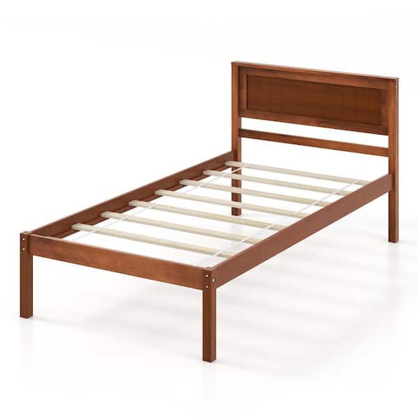 Costway Brown Walnut Wood Frame Twin Size Platform Bed Frame with Headboard Mattress Foundation