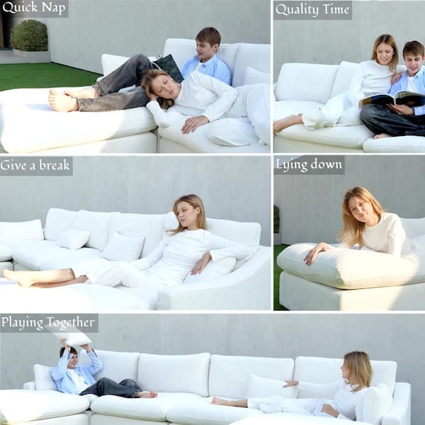 120 in. Square Arm 5-Piece Linen Upholstered Cloud Modular Sectional Sofa 3-Seater w/ Ottoman, Washable Covers in White
