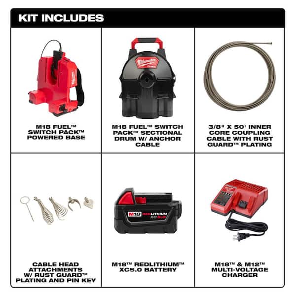 M18 Fuel 18V Lithium-Ion Cordless Drain Cleaning 3/8 in. Switch Pack Sectional Drum Kit w/Cable Drive Accessory