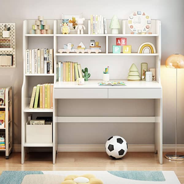 White Kids Study Desk with Hutch, Wooden Children's Computer Writing Desk, Kids Desk with Bookshelf and Drawers