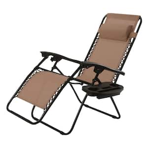 Tan Metal Folding and Reclining Zero Gravity Lawn Chair with Tray