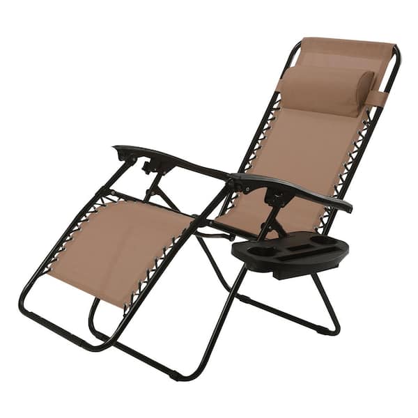 ANGELES HOME Tan Metal Folding and Reclining Zero Gravity Lawn Chair with Tray