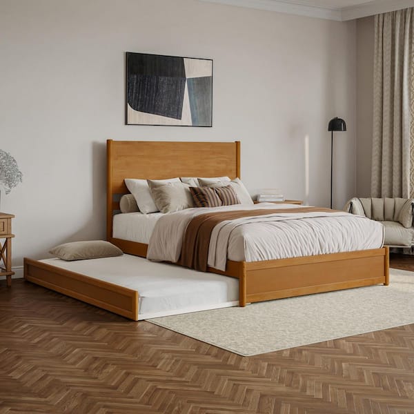 Ronan Light Toffee Natural Bronze Wood Frame Queen Platform Bed with Footboard and Twin XL Trundle