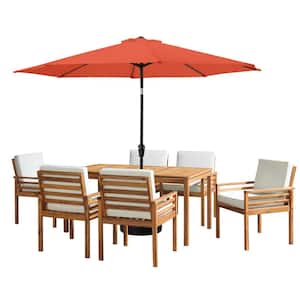 8 -Piece Set, Okemo Wood Outdoor Dining Table Set with 6 Cushioned Chairs, 10 ft. Auto Tilt Umbrella Orange