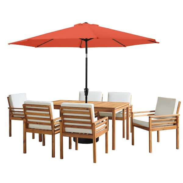 Alaterre Furniture 8 -Piece Set, Okemo Wood Outdoor Dining Table Set with 6 Cushioned Chairs, 10 ft. Auto Tilt Umbrella Orange