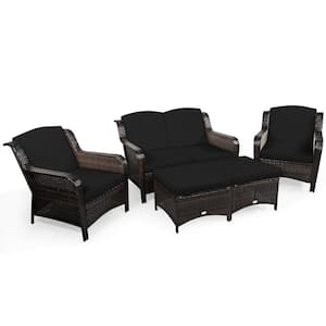 5-Piece 2 in 1 Design Wicker Patio Conversation Set with Black Cushions and Glass Table