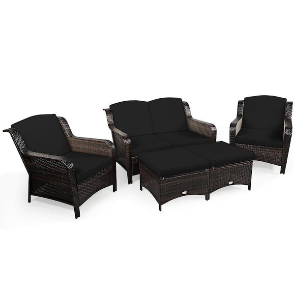 Costway 5-Piece 2 in 1 Design Wicker Patio Conversation Set with Black Cushions and Glass Table
