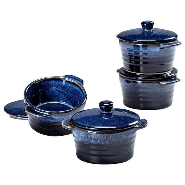 Ceramic 8 oz. Round Mini Cocotte Porcelain Ramekins with Lid and Handle for Baking Custard Pudding 4-Pack Red