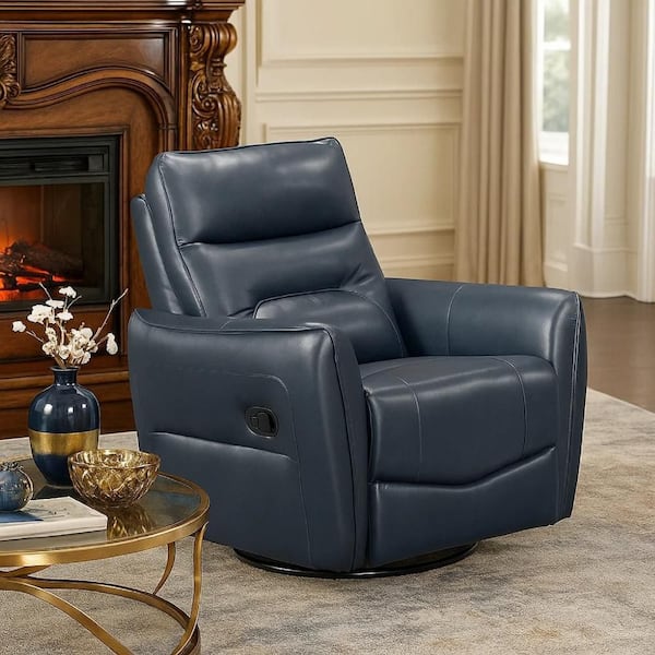 Benjara Temy Dark Blue Faux Leather Swivel Glider Manual Recliner