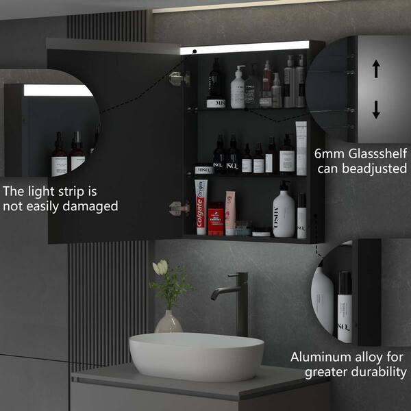 24 in. W x 30 in. H Black Rectangular Aluminum LED Medicine Cabinet with Mirror and Adjustable Shelf, Left Open