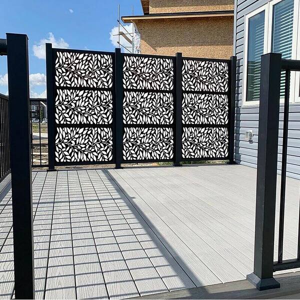 Ejoy 72 In X 38 In New Style Metal Art Laser Cut Metal Black Privacy Fence Screen Treeleaves 2 Pole With 3 Panel Set Treeleaves 2pole3panel