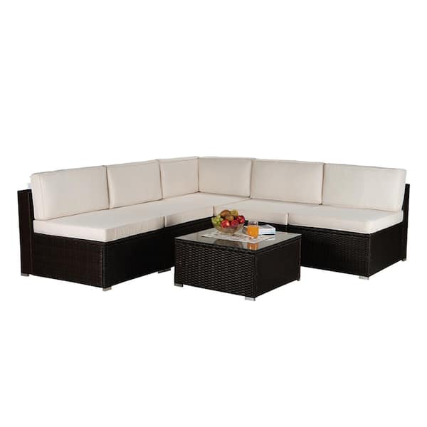 Unbranded 6-Piece Wicker Patio Conversation Sectional Seating Set with Beige Cushion